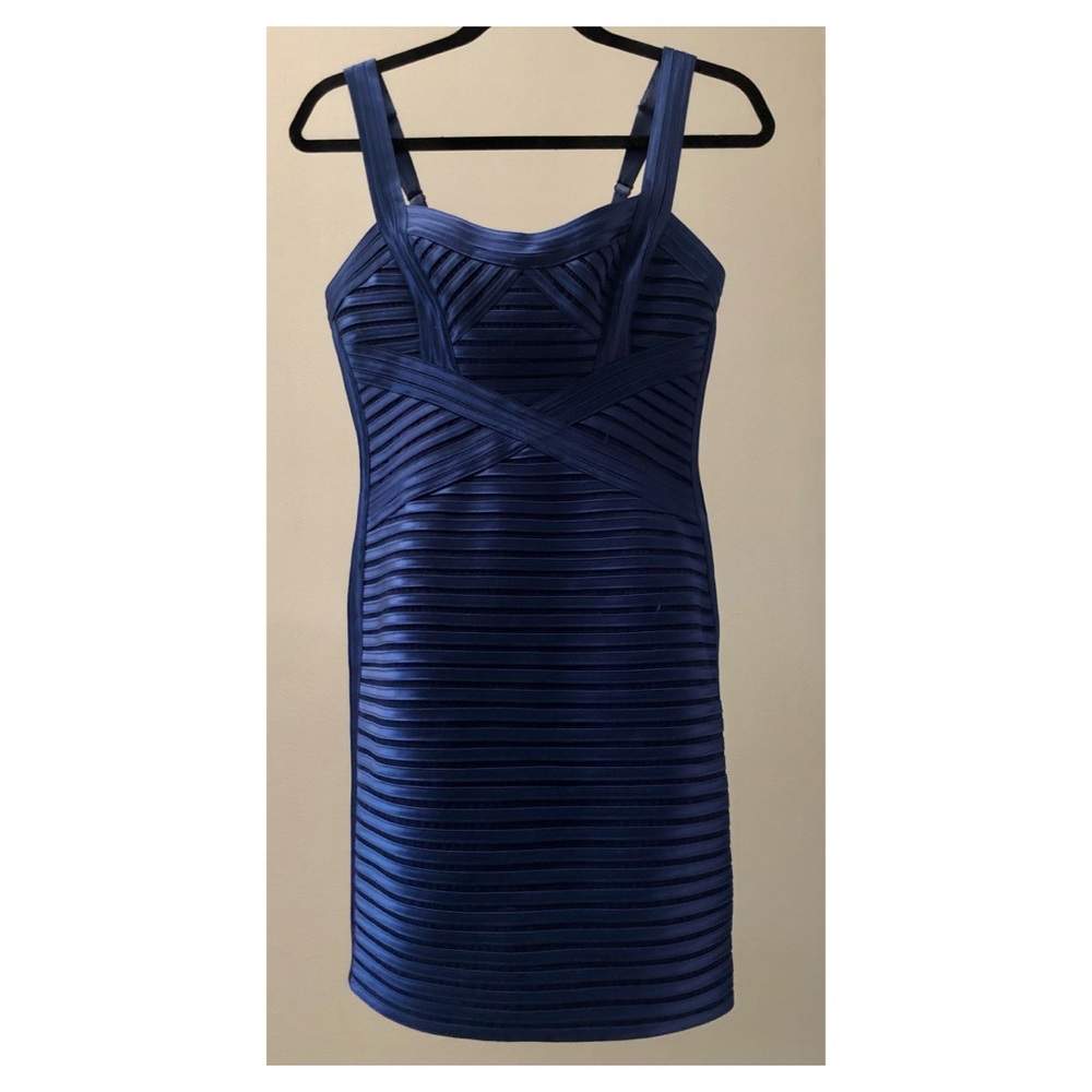 BCBG Maxazria navy satin bodycon dress